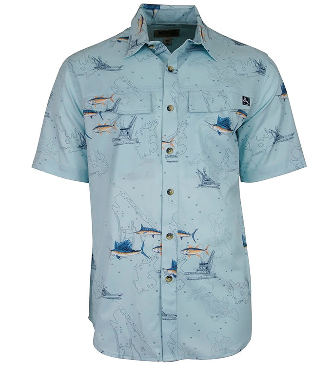 Men's Hook & Tackle UV vented fishing shirt featuring marine charts design in a lightweight, breathable fabric.