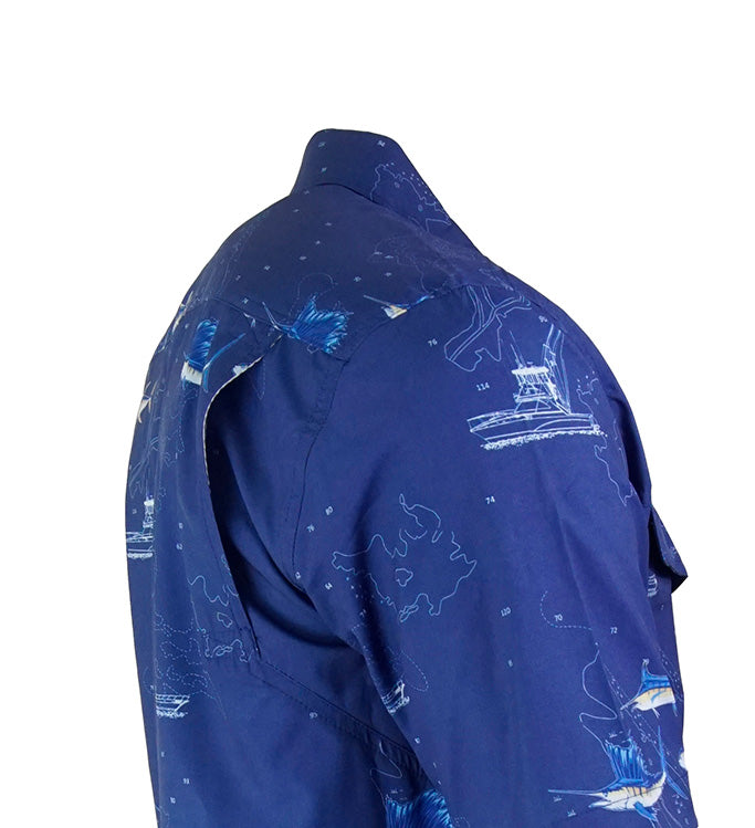 Men's Hook & Tackle marine charts UV vented fishing shirt with breathable fabric and fishing-themed design.