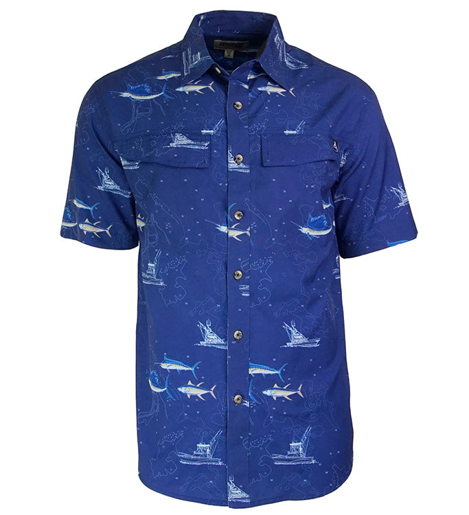 Men's Hook & Tackle UV vented fishing shirt featuring marine charts design, ideal for outdoor fishing activities.