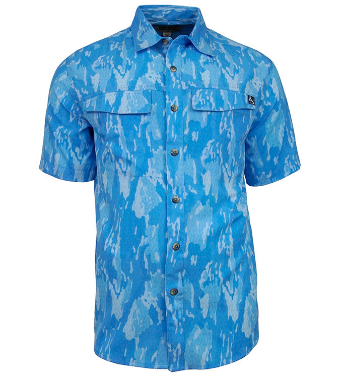 Men's Geo Camo UV Vented Fishing Shirt by Hook & Tackle with short sleeves and breathable fabric for outdoor fishing activities.
