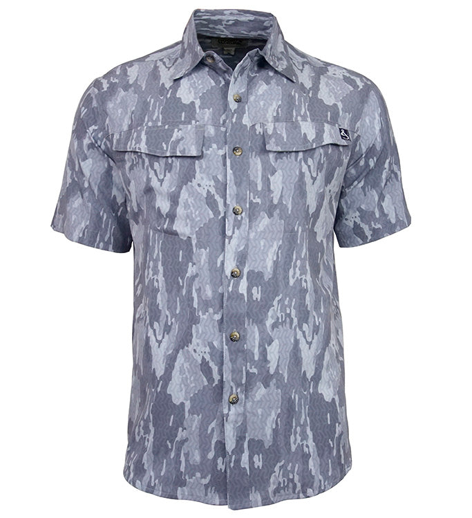 Men's Geo Camo UV Vented Fishing Shirt by Hook & Tackle featuring breathable fabric and short sleeves with geometric camo pattern.