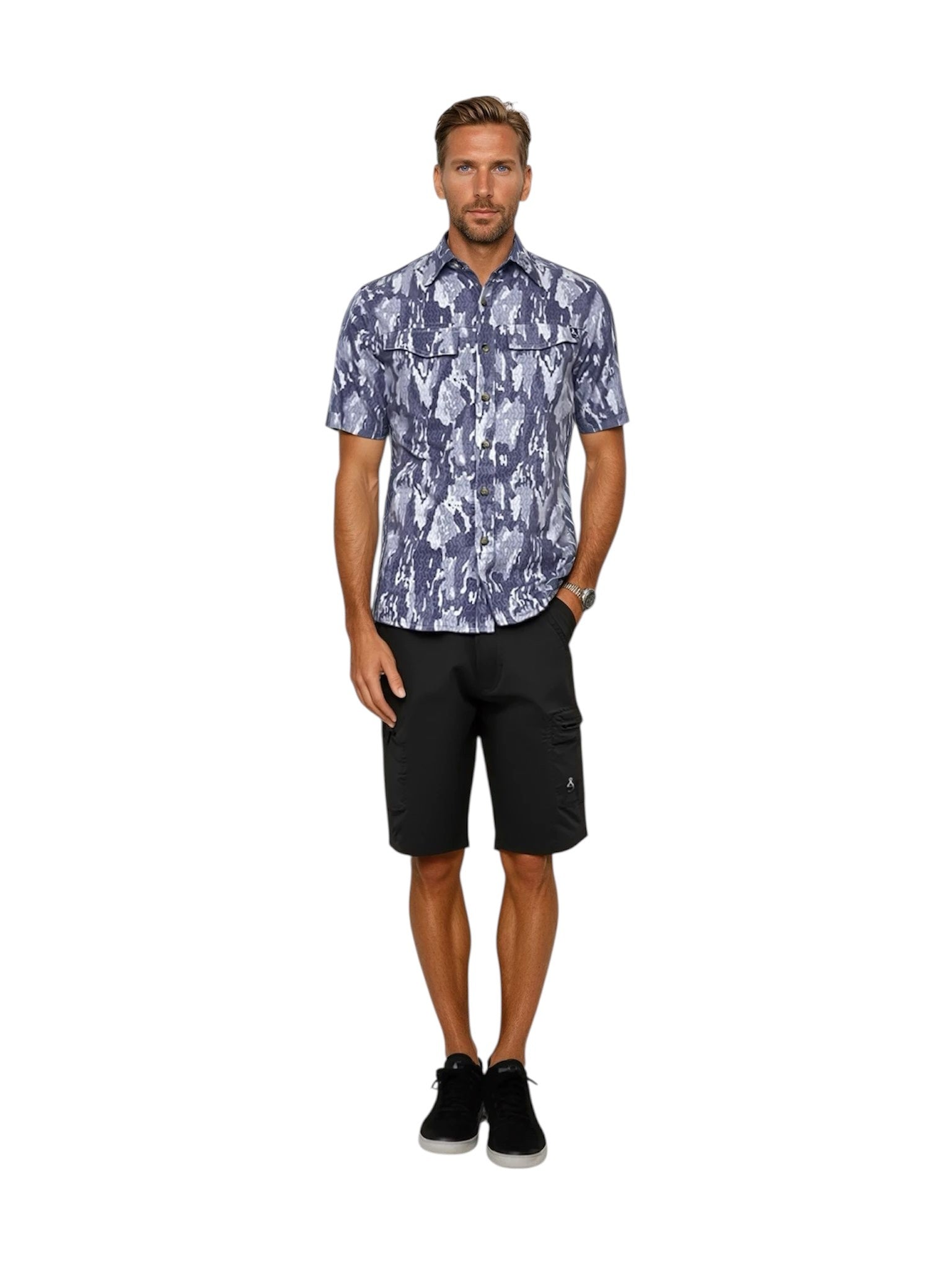 Men's Geo Camo UV Vented Fishing Shirt by Hook & Tackle, showing grey camouflage fabric with short sleeves and vented design.