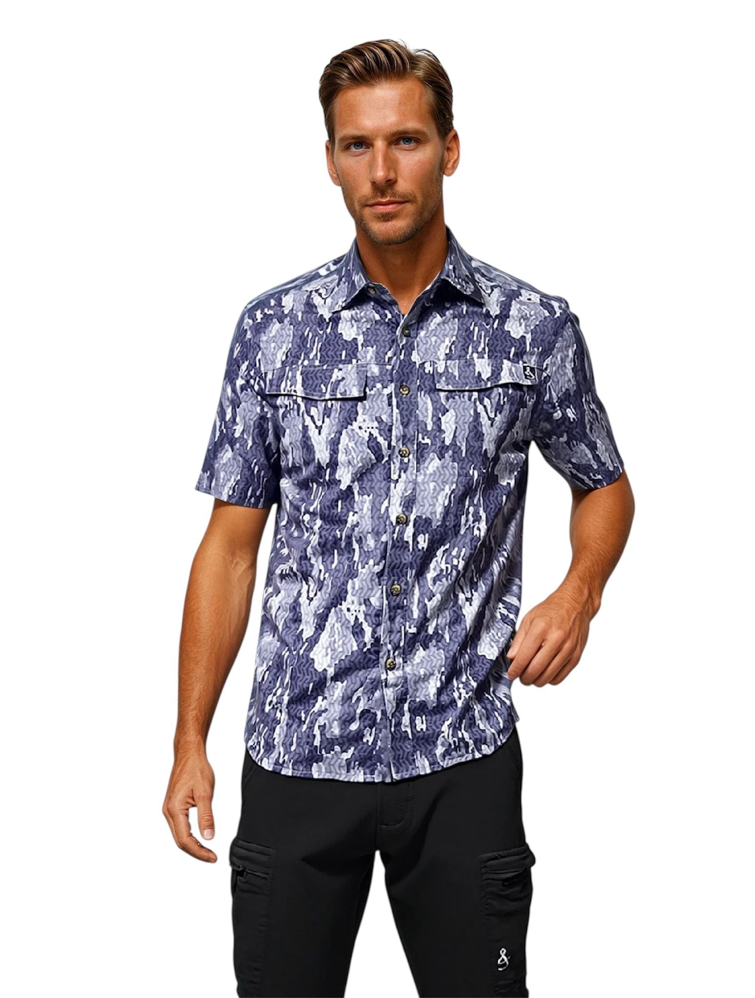Men's Geo Camo UV Vented Fishing Shirt by Hook & Tackle, featuring grey geo camouflage pattern and breathable vented design.