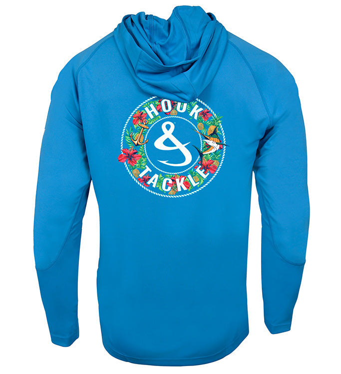 Men's Hook & Tackle Tropic Mix UV fishing hoodie showcasing sun protection and a vibrant tropical design.