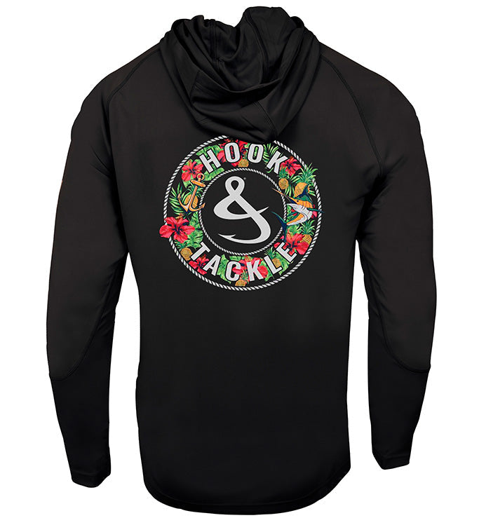 Men's Hook & Tackle Tropic Mix UV fishing hoodie featuring sun protection fabric and a vibrant tropical design.
