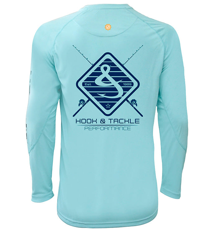 Men's Hook & Tackle long-sleeve UV fishing shirt in blue, featuring sun protection and a relaxed fit for outdoor comfort.