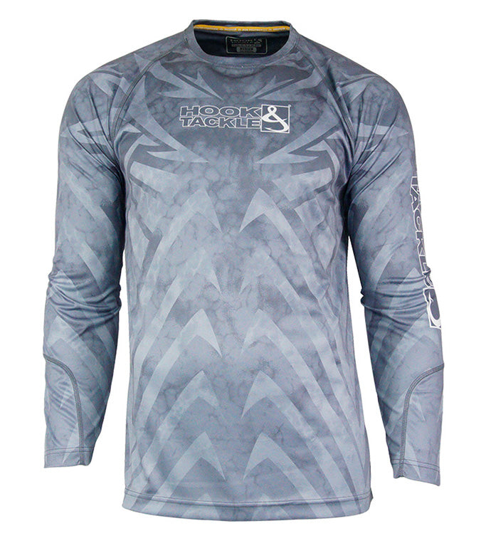 Men's Hook & Tackle Armor L/S UV fishing shirt in light color, showcasing long sleeves and sun protection features.