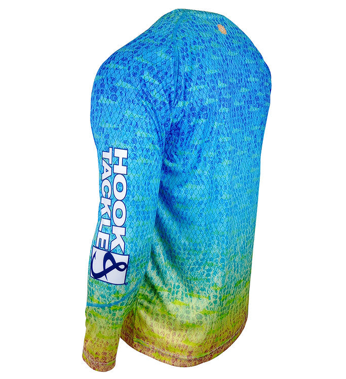 Youth Hook & Tackle Scaly Fins UV fishing shirt in blue, designed for sun protection, size 8-20.