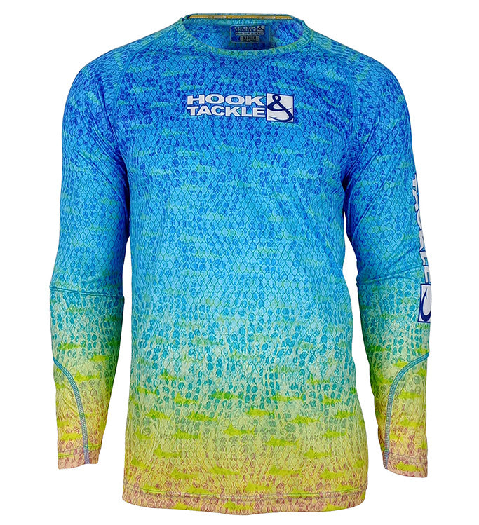 Youth Hook & Tackle Scaly Fins UV Fishing Shirt in vibrant colors, designed for sun protection for sizes 8-20.