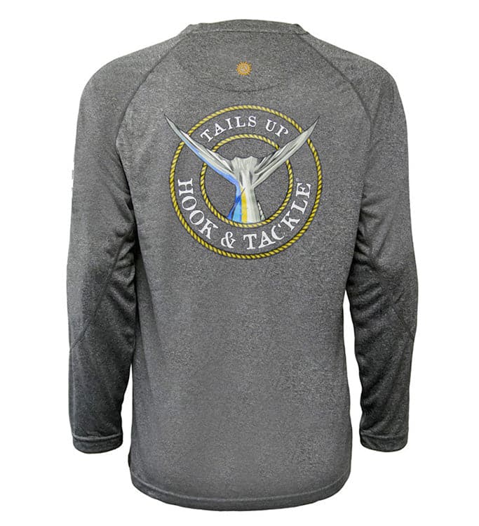 Youth Hook & Tackle Tails Up UV fishing shirt featuring sun protection design, suitable for ages 8-20.