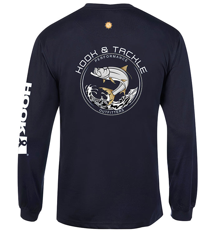 Men's Hook & Tackle Tarpon Leap Thrust L/S UV fishing t-shirt in vibrant color, showcasing sun protection features.