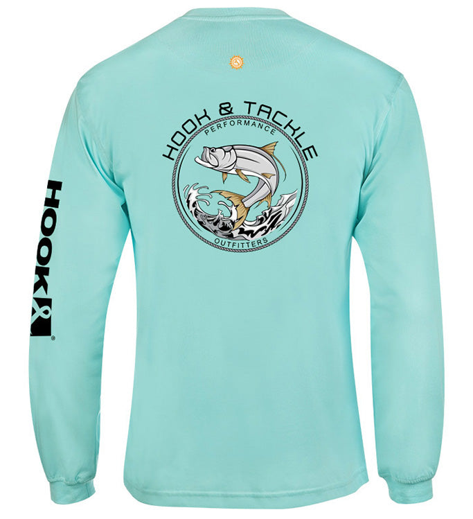 Men's Hook & Tackle Tarpon Leap Thrust L/S UV fishing t-shirt in blue, featuring sun protection and long sleeves.