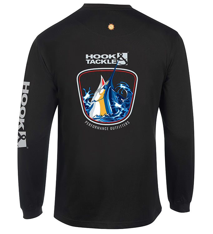 Men's Hook & Tackle Marlin Thrust L/S UV fishing t-shirt in black, featuring sun protection and long sleeves.