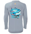 Men's Hook & Tackle Wahoo Pentagon long-sleeve UV fishing shirt in blue, designed for sun protection and comfort.