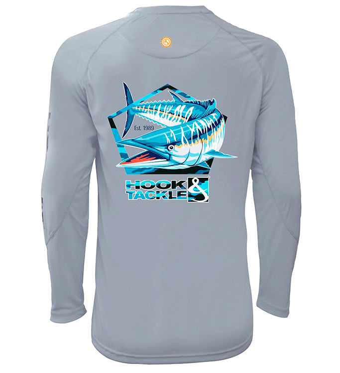 Men's Hook & Tackle Wahoo Pentagon long-sleeve UV fishing shirt in blue, designed for sun protection and comfort.