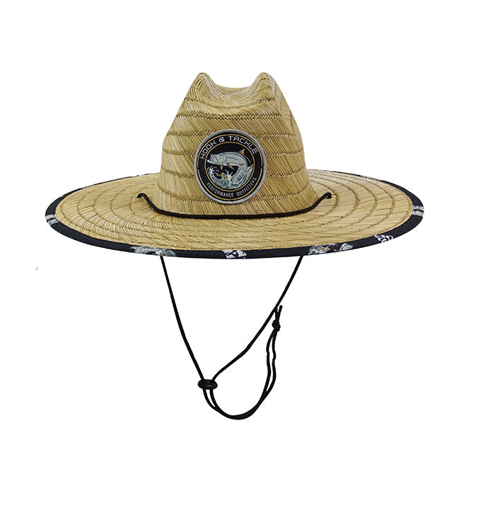 Front view of the Hook & Tackle Tarpon Leap Straw Hat with a wide brim and patterned band for sun protection.