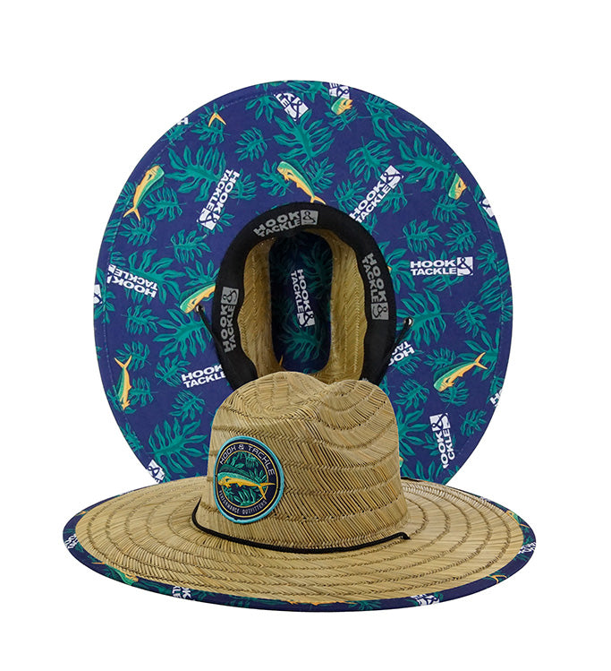 Mahi Mahi Tropics Straw Hat by Hook & Tackle, featuring a wide brim and tropical pattern for sun protection.