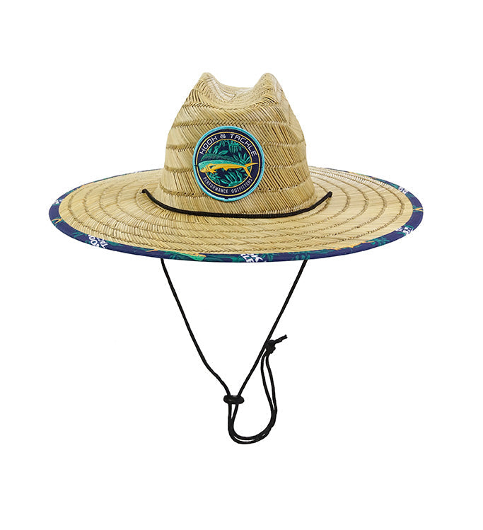 Front view of Hook & Tackle Mahi Mahi Tropics Straw Hat with vibrant tropical design and wide brim.
