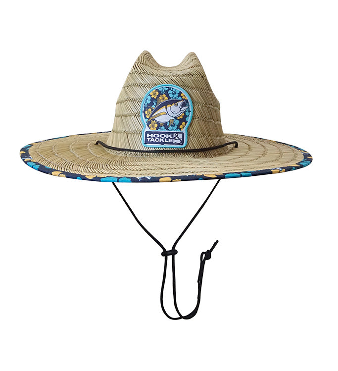 Front view of Hook & Tackle Tuna Tropical Straw Hat with a wide brim and vibrant tropical design.
