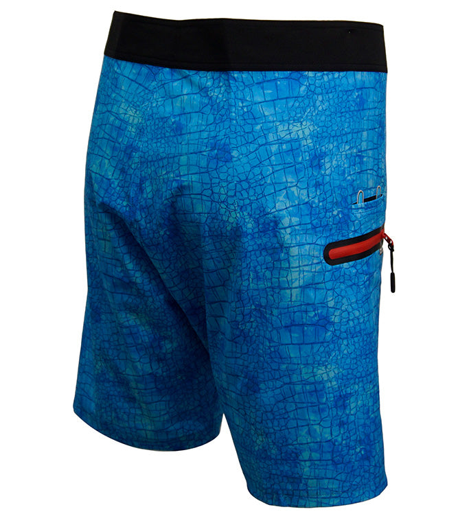 Men's Hook & Tackle Chaos Stretch Fishing Boardshorts in blue, showcasing a comfortable fit and quick-dry fabric.