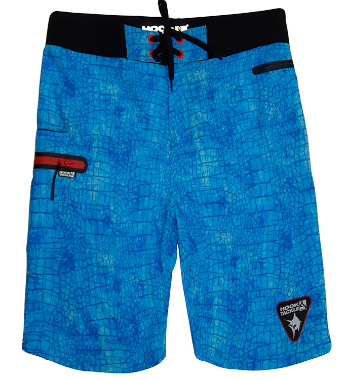 Men's Hook & Tackle Chaos Stretch Fishing Boardshort in blue, showcasing the fabric and design details for outdoor use.