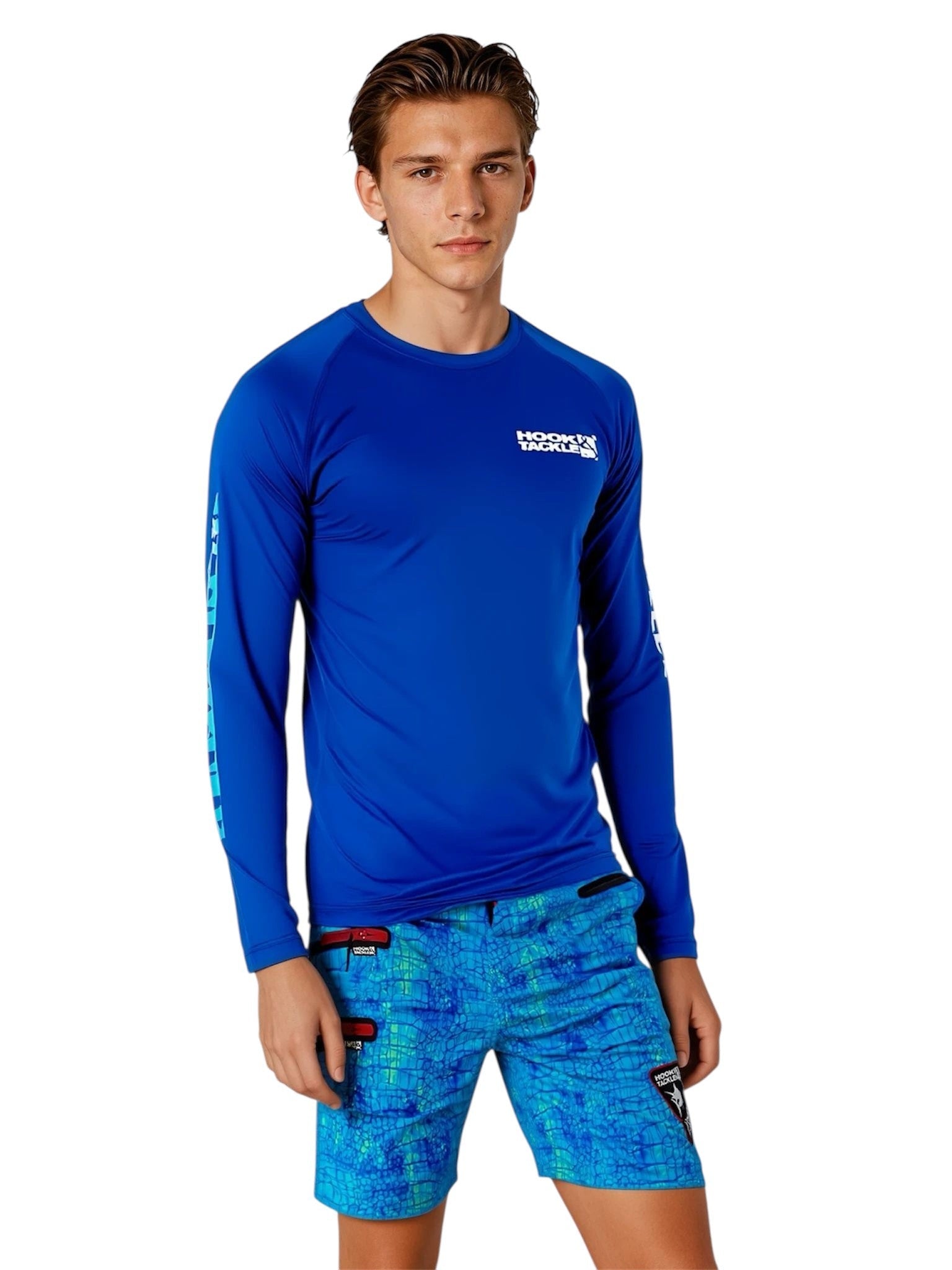 Men's Hook & Tackle Chaos Stretch Fishing Boardshort in blue, showcasing lightweight fabric and comfortable fit.