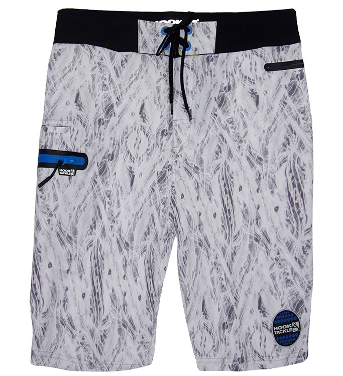 Men's Hook & Tackle Riptide Stretch Fishing Boardshorts in blue, featuring a comfortable elastic waistband and side pockets.