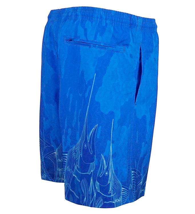 Men's Bills Up fishing swim trunk by Hook & Tackle, lightweight blue swimwear with drawstring waist and quick-dry fabric.