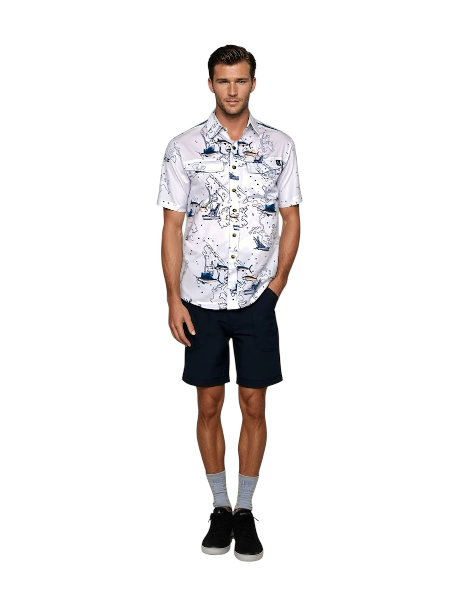 Men's Hook & Tackle UV vented fishing shirt in navy, featuring marine charts design and short sleeves.