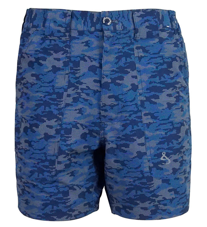 Men's Hook & Tackle dot camo lightweight stretch shorts with beer can pattern, perfect for casual wear.