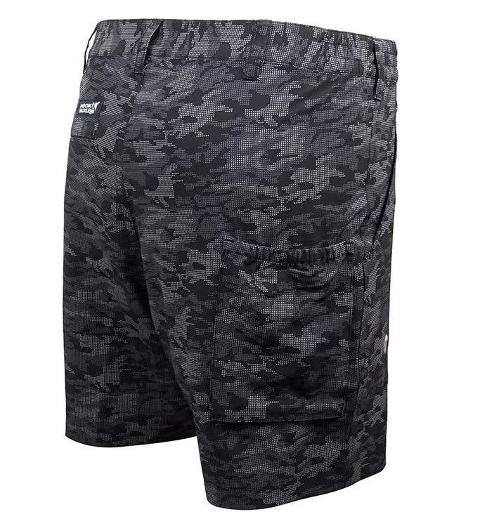 Men's Hook & Tackle lightweight stretch shorts featuring a dot camo beer can pattern. Casual style perfect for summer outings.