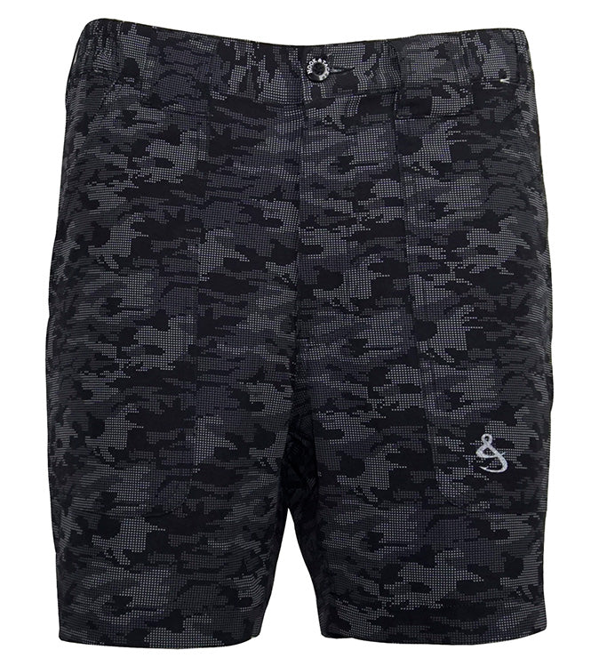 Men's Hook & Tackle dot camo lightweight stretch shorts with beer can pattern, ideal for casual summer wear.