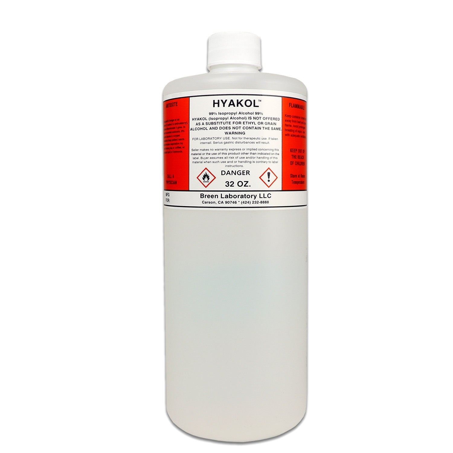 Clear bottle of Isopropyl Alcohol 99%, 32 oz., labeled for medical use, with a white cap and safety warnings visible.