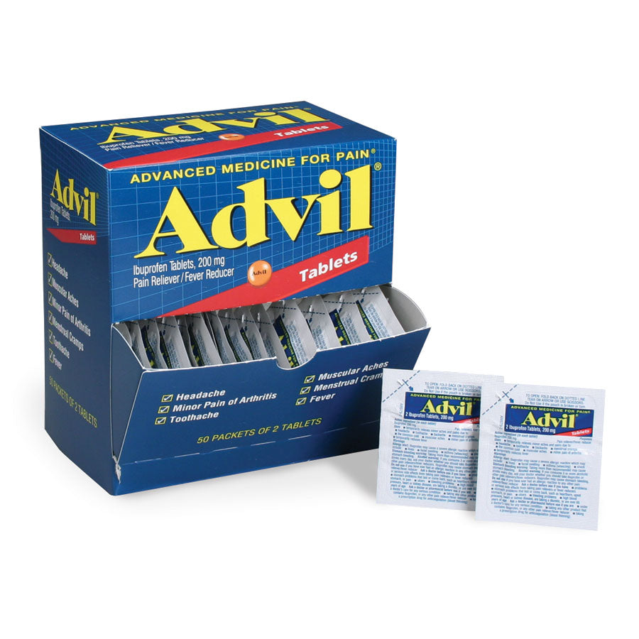 Box of Advil Advanced Medicine for Pain containing 100 tablets, over-the-counter pain relief medicine in a white and blue package.