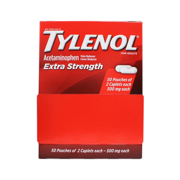 Extra-Strength Tylenol box containing 100 tablets, displaying packaging design and product labeling for pain relief.