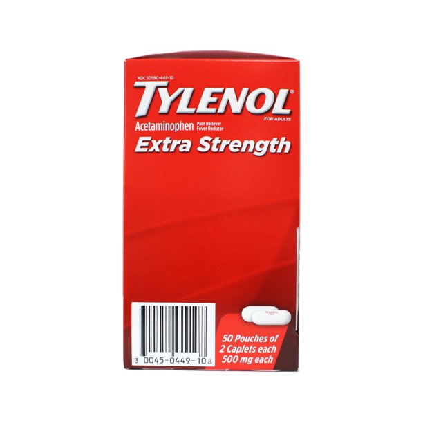 Extra-strength Tylenol pain reliever tablets in a 100-count box, featuring clear labeling and packaging design.