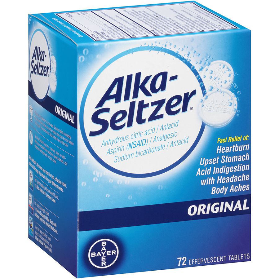 Alka Seltzer tablets in a box, used for relief from indigestion and headache, from the medicine and topicals category.