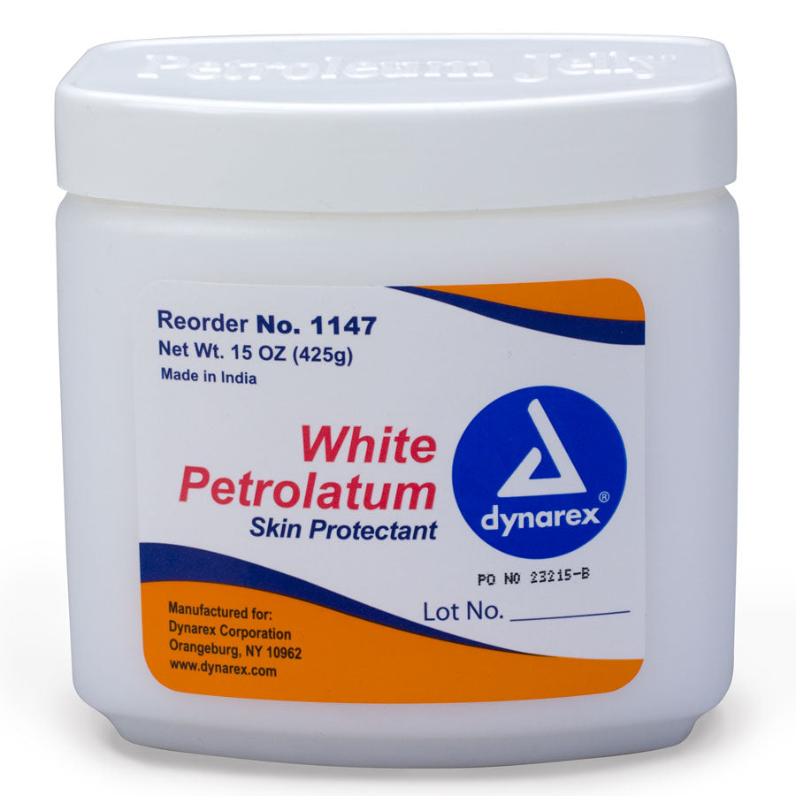 Petroleum jelly in a 15 oz container, hygiene product by quakekits.com, used for skin moisturizing and protection.