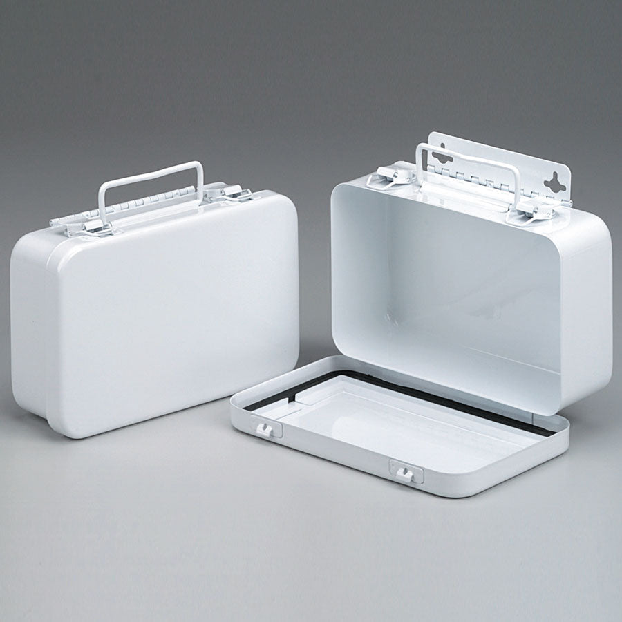 Wall-mountable empty metal first aid case with gasket, 10-unit pack, ideal for secure first aid storage.