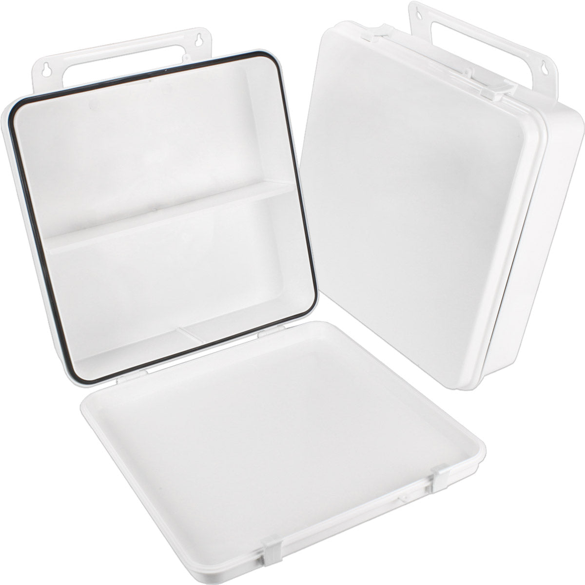 Empty polypropylene first aid case with gasket, 24-unit pack, durable plastic storage container for medical supplies.