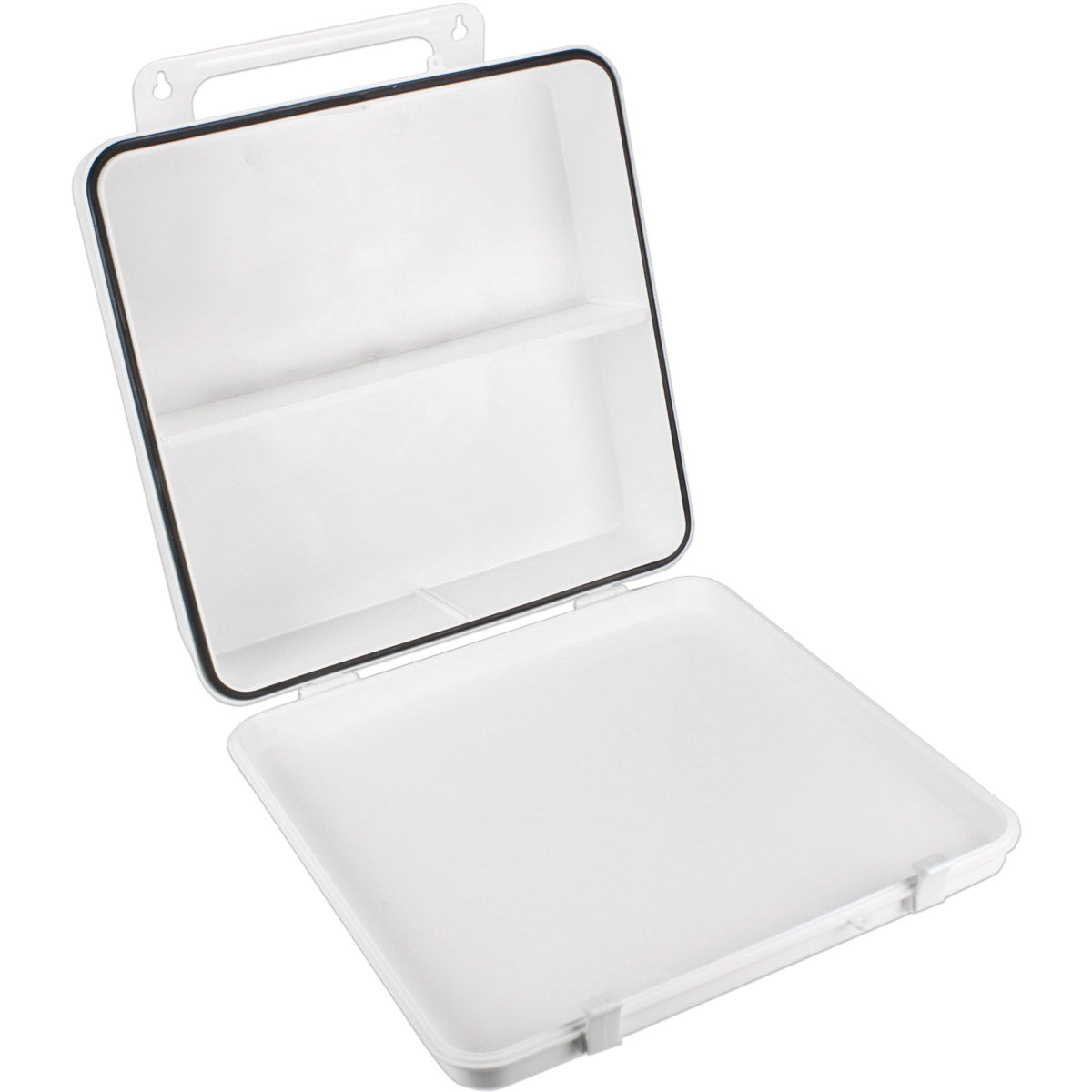 Empty polypropylene first aid case with gasket, 24-unit pack, durable plastic enclosure for medical supplies and emergency kit storage.