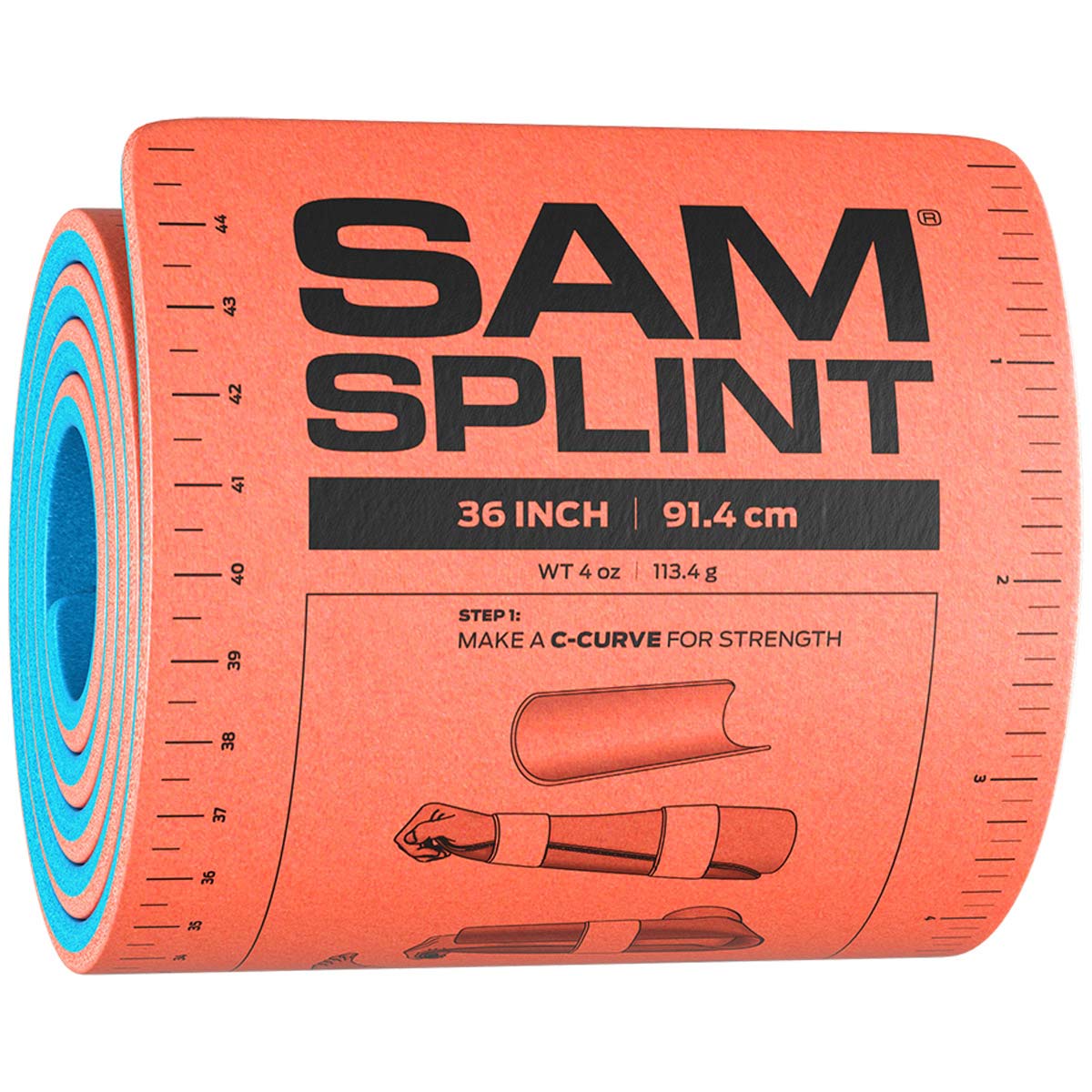 Flexible 36-inch Sam Splint for first aid, shown in natural position, used for immobilizing injuries, from quakekits.com.