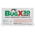 Insect repellent towelette with 30% DEET, designed to repel bugs and insects, shown in packaging with insect illustration.