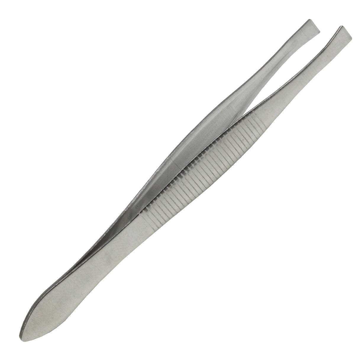 Slanted 3-inch tweezers from quakekits.com, first aid tool with precise tip for careful handling and removal of splinters.