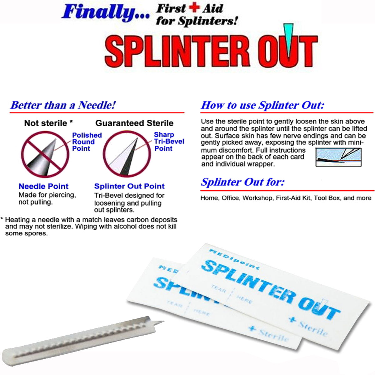 Sterile point tools from QuakeKits, 10-pack of Splinter-Out precision removal tools for safe splinter extraction.