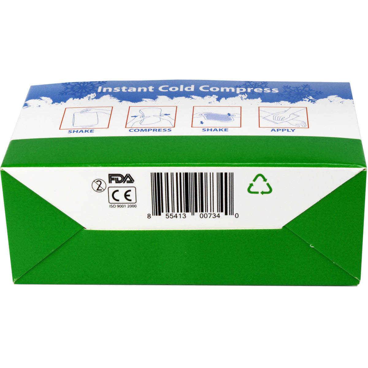 Boxed 4x5-inch instant cold compress for burn treatment from Quakekits, shown in sealed packaging with cooling gel inside.