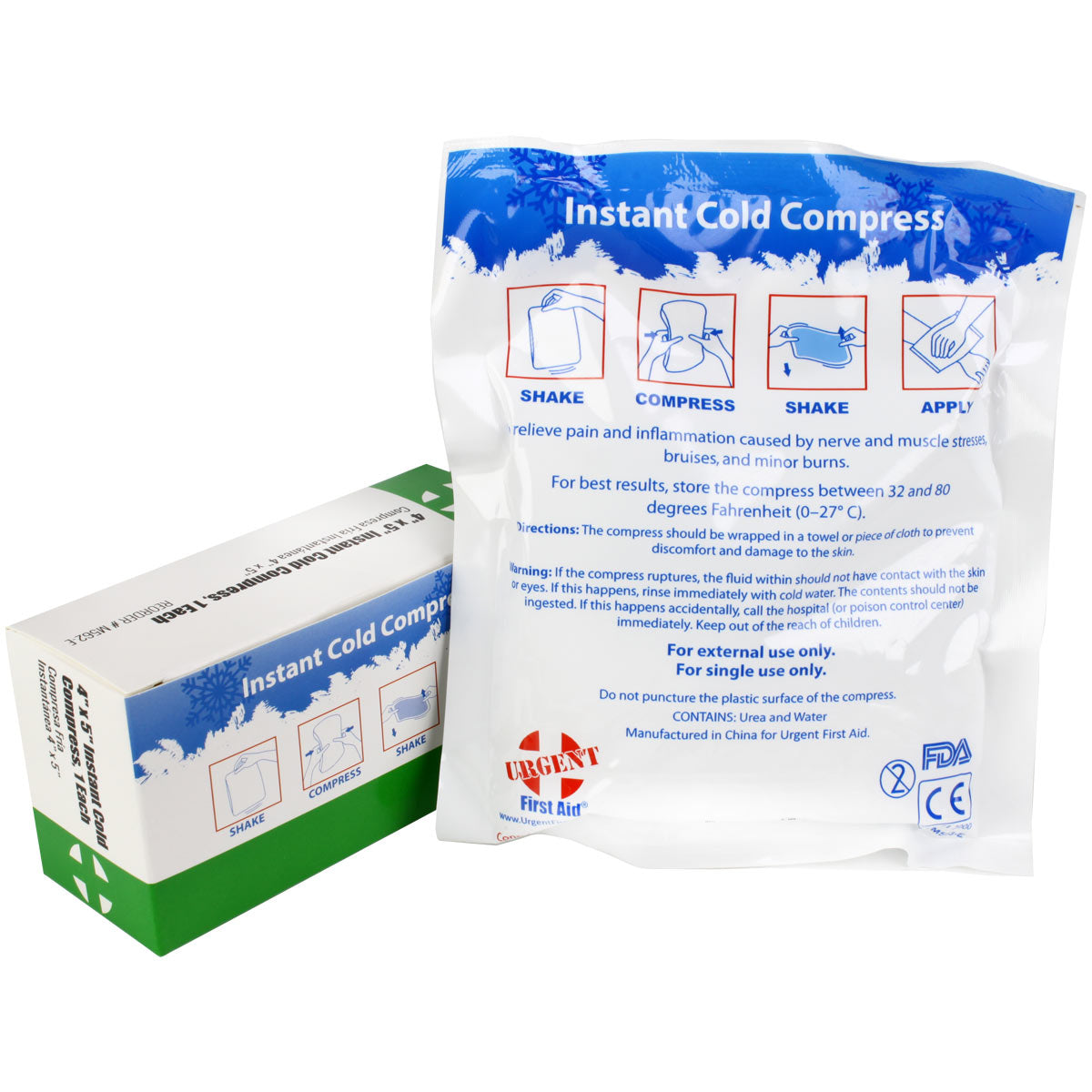 Boxed 4x5 inch instant cold compress for burn treatment by quakekits.com, showing the cooling gel pack in a sealed package.