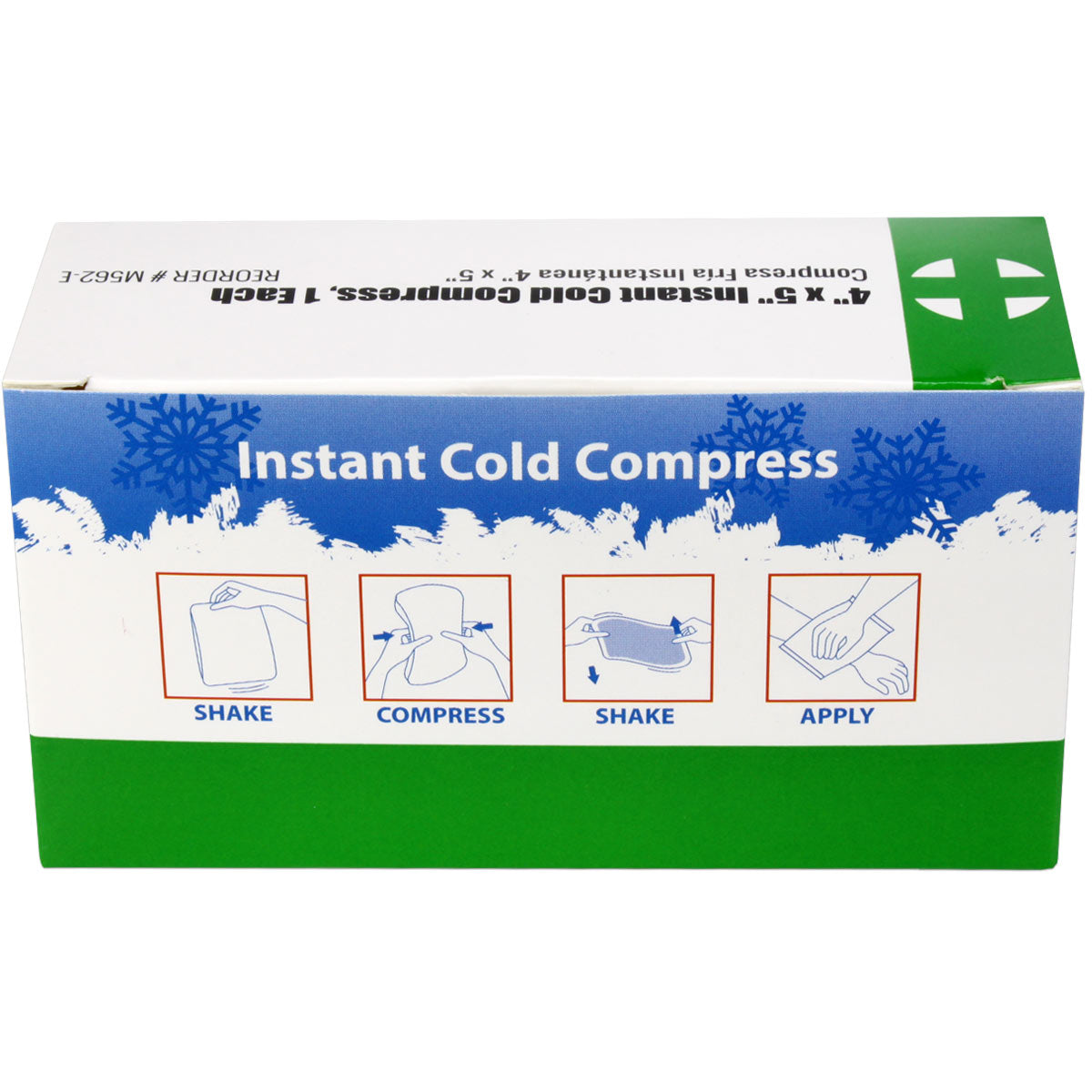 Boxed 4x5-inch instant cold compress for burn treatment by quakekits.com, with a compact and reusable design.