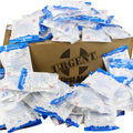 Box of 125 Quakekits 4" x 5" Urgent First Aid Cold Compresses for burn treatment, in a case for quick emergency relief.