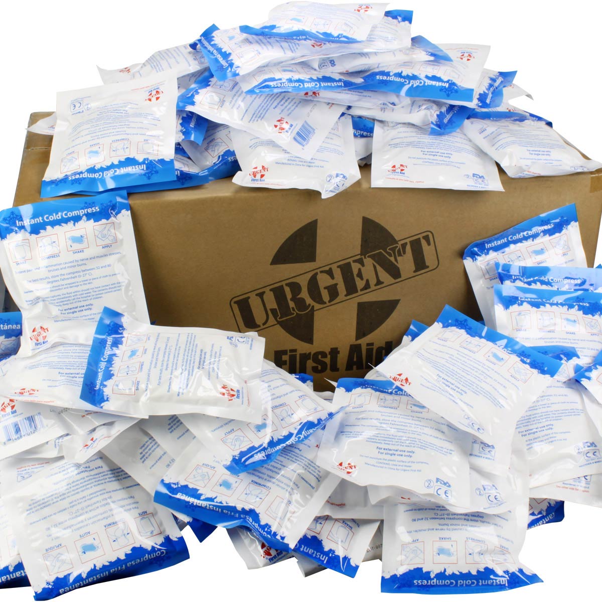 Box of 125 Quakekits 4" x 5" Urgent First Aid Cold Compresses for burn treatment, in a case for quick emergency relief.